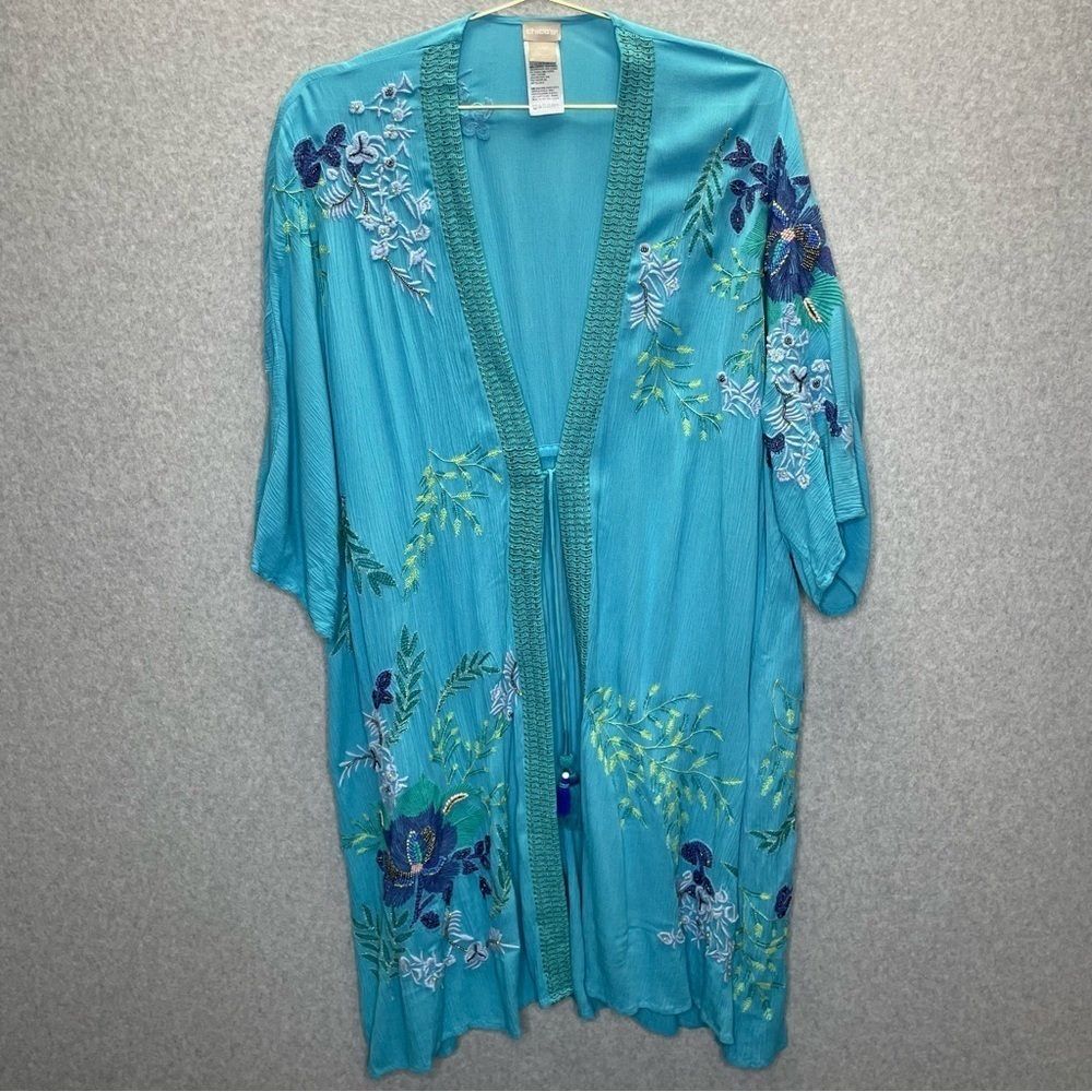 Chico’s Beaded Embroidered Fairycore Whimsy Open Front Tassel Tie Duster